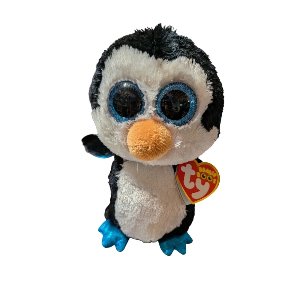 Ty Beanie Boos Waddles Penguin Black White Blue Glitter Eyes Plush Toy 6 inch